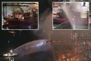 LA firefighters battle blaze that sparked explosion on container ship carrying hazardous materials