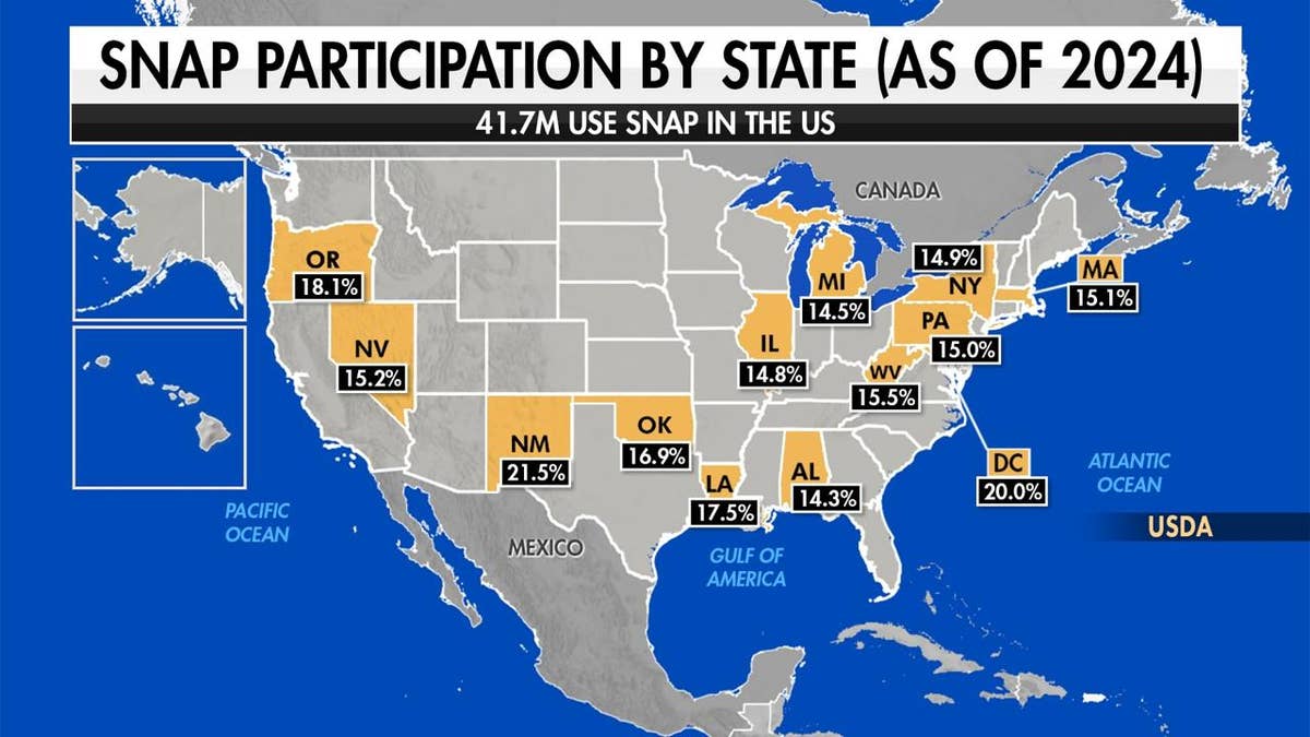 map showing percentage of residents using snap benefits by state in 2024