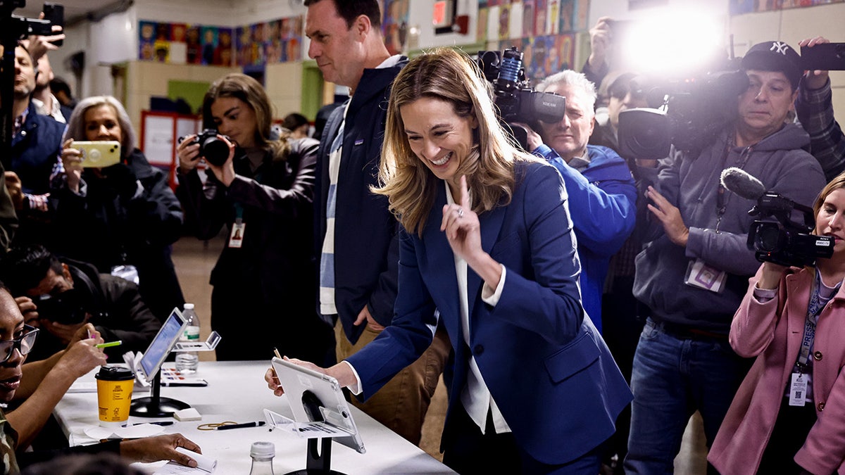 Representative Mikie Sherrill, Democratic gubernatorial candidate for New Jersey, checks-in to cast her ballot at a polling location inside Hillside Elementary School in Montclair, New Jersey