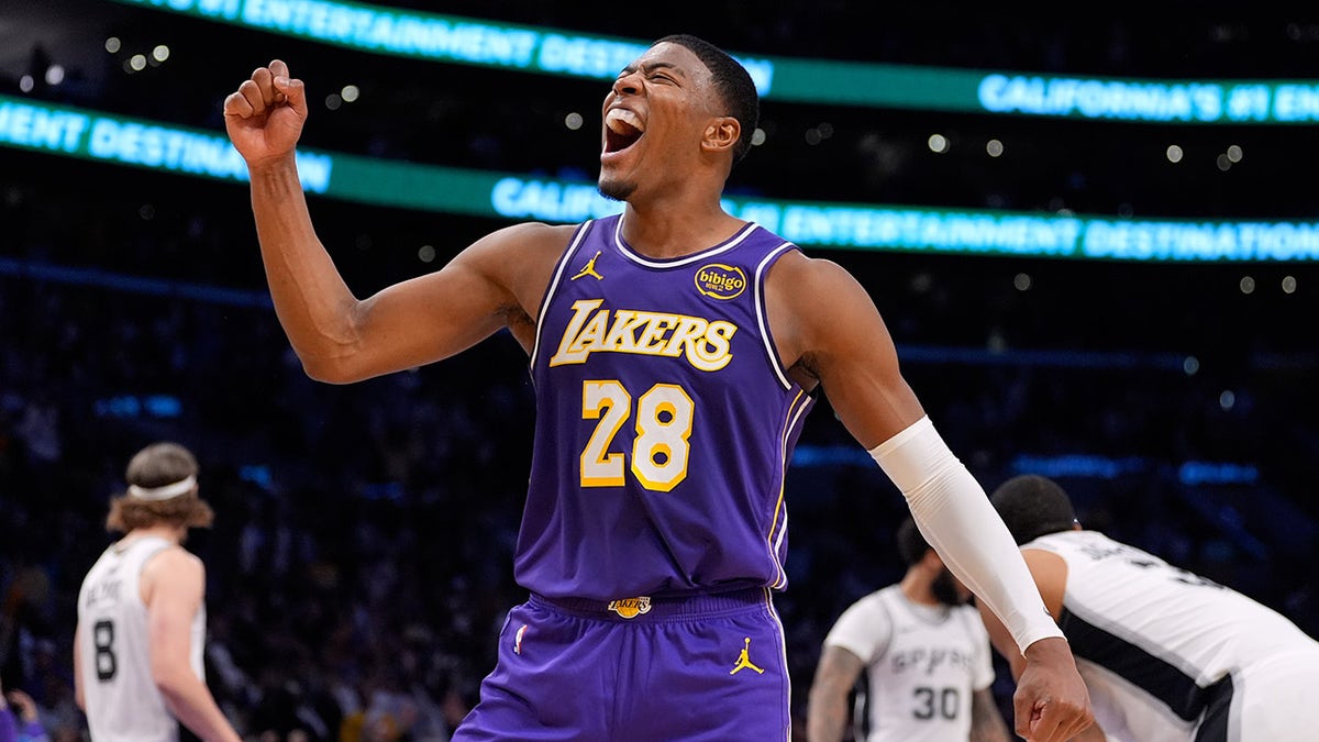 Rui Hachimura celebrates a score