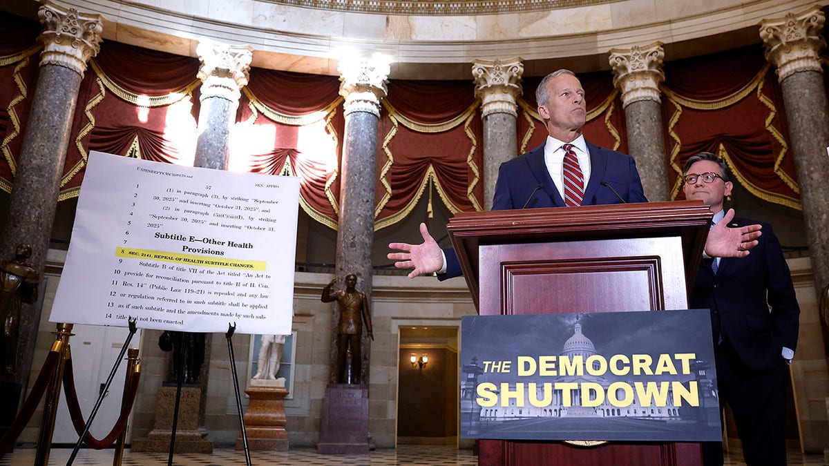 Senate Majority Leader John Thune, R-S.D., in Statuary Hall at the Capitol with House Speaker Mike Johnson, R-La.