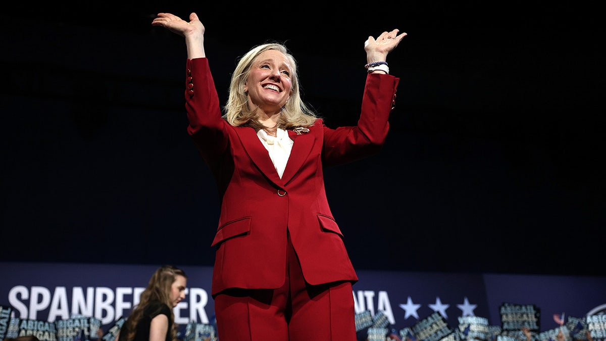 Virginia Democratic gubernatorial candidate, former Rep. Abigail Spanberger celebrates as she takes the stage during her election night rally