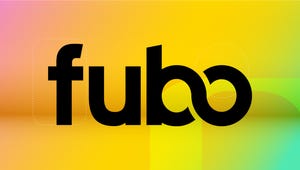 Black Fubo logo against peach, orange, yellow and mint green gradient.