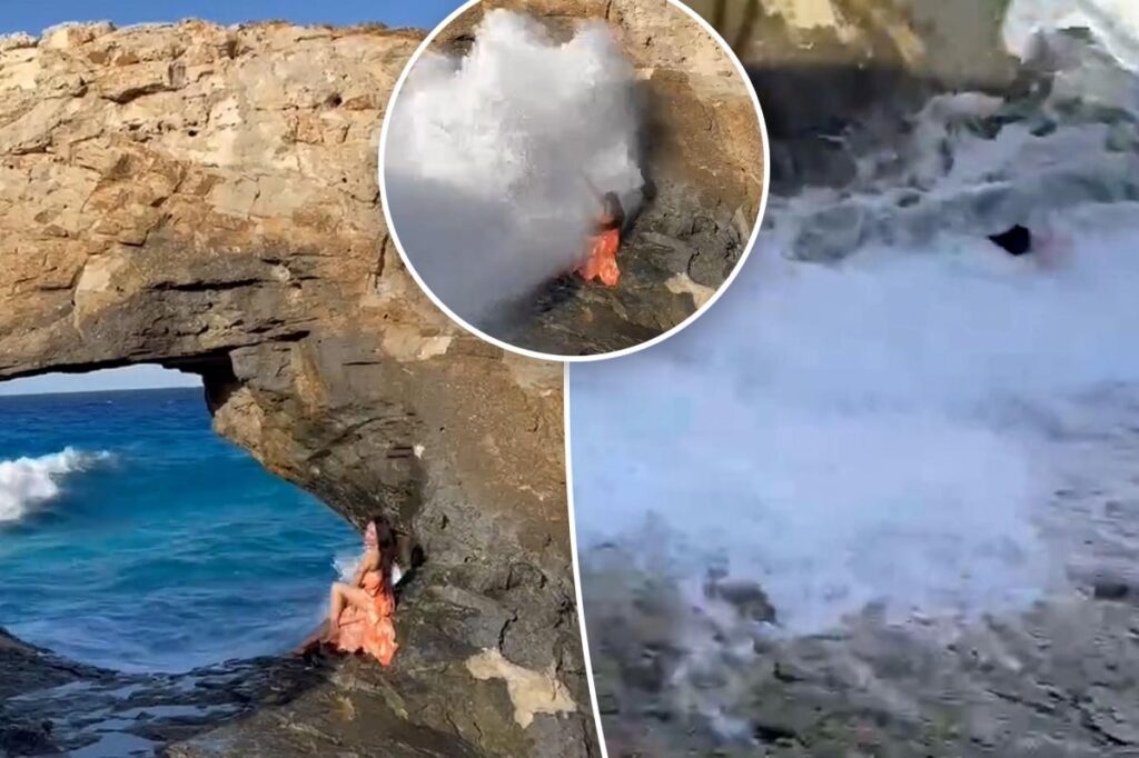 Glamorous tourist almost killed after giant wave smashes her into rocks during photoshoot