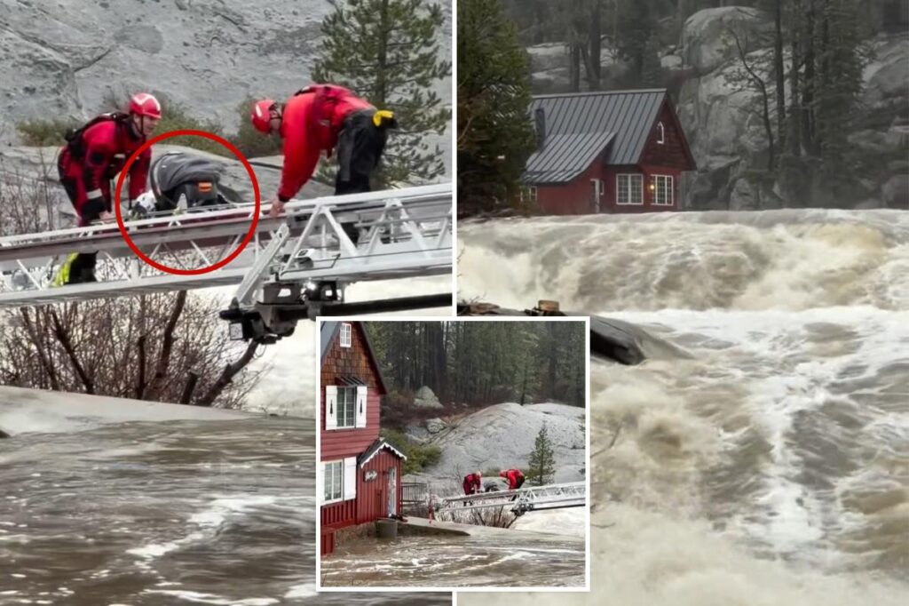 Heroic rescuers slide baby in car seat across raging floodwaters to escape California storm