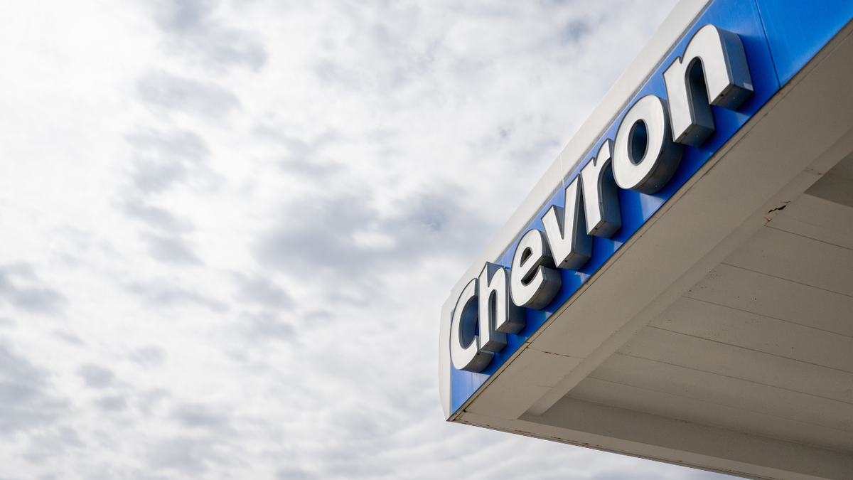 The Chevron gas station logo is seen on February 13, 2025 in Austin, Texas.