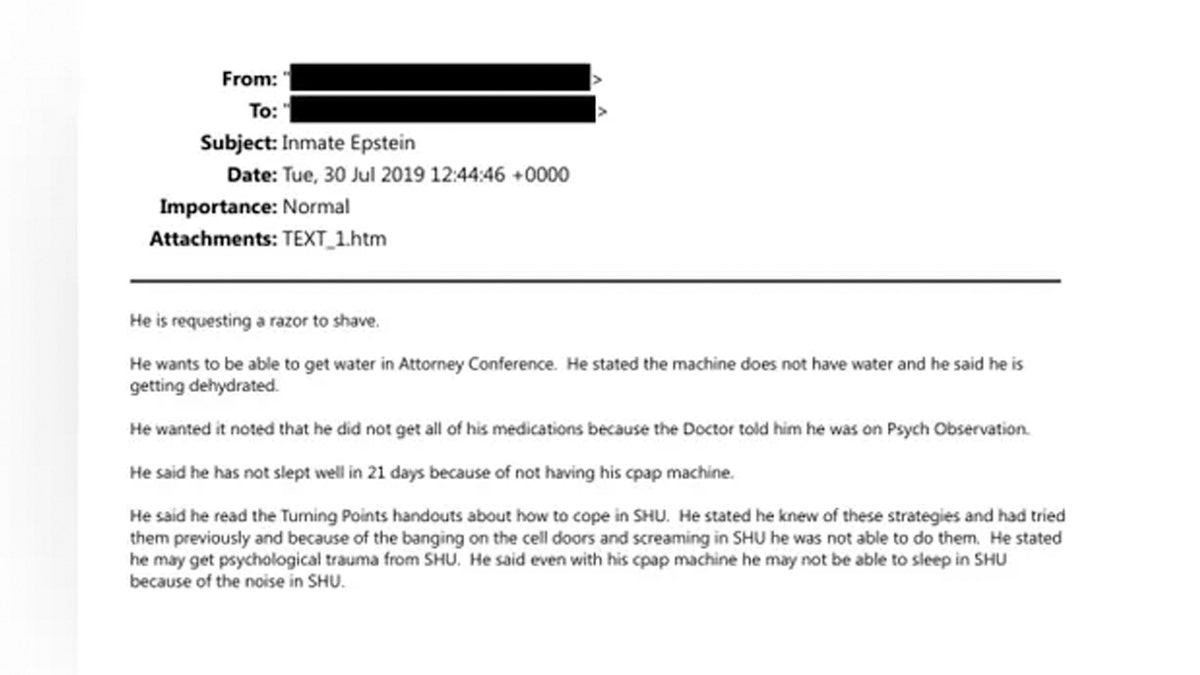 Epstein requested a razor to shave, complained of lack of water