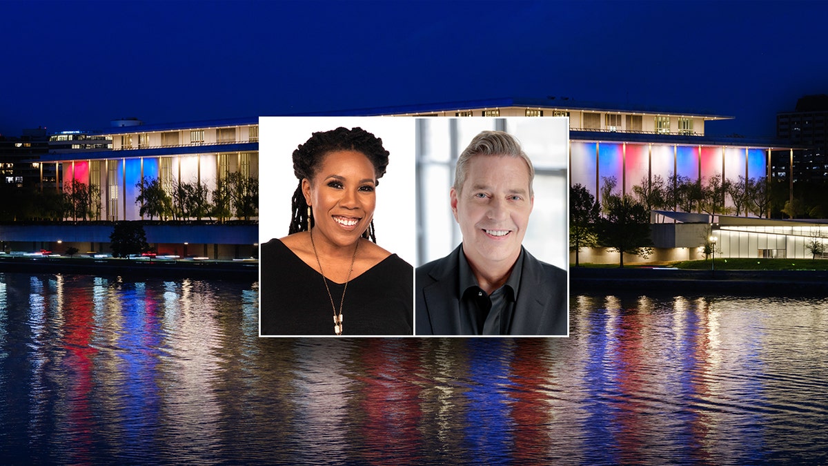 Two insets with Melinda Doolittle and Steven Reineke atop a background of the Kennedy Center