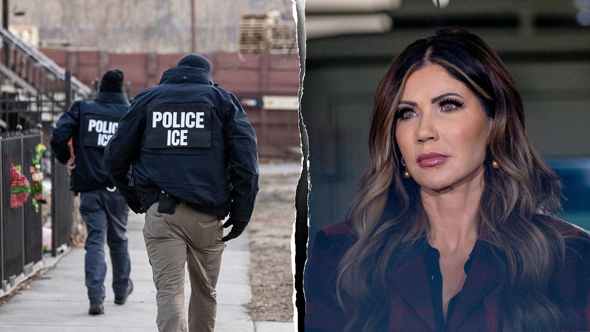 DHS Secretary Kristi Noem pictured next to ICE agents.