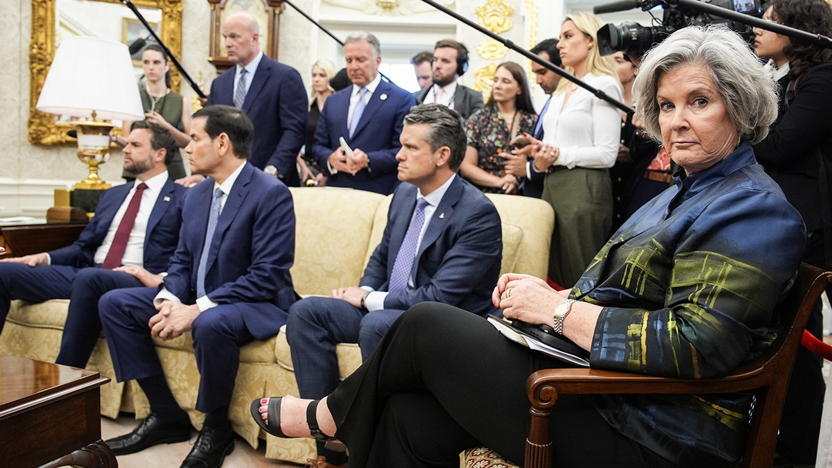 Susie Wiles in Oval Office with Vance, Hegseth and Rubio