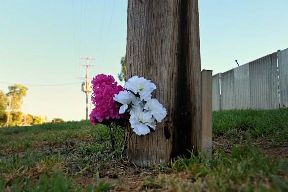 Flowers laid by the roadside where Sophie Quinn and Harris were killed.