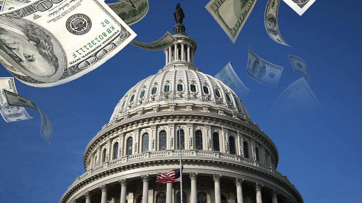 The United States Capitol building surrounded by falling money