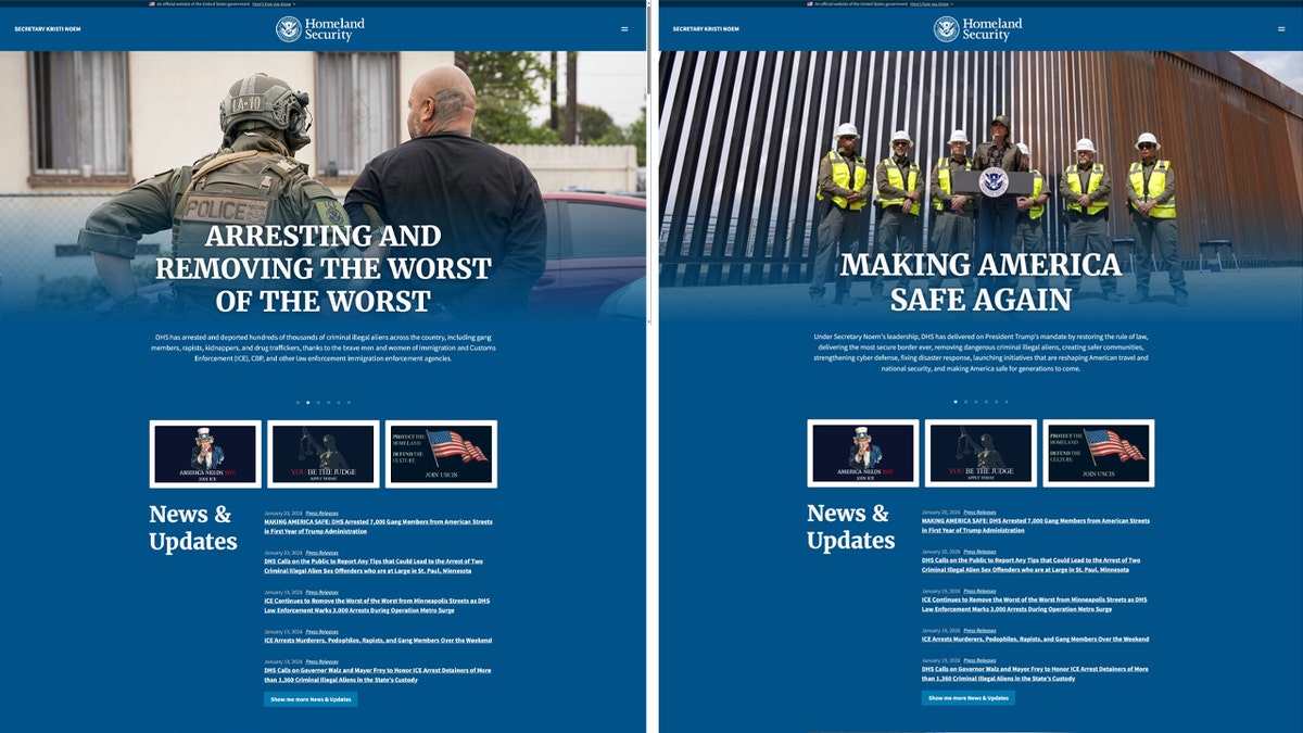 Screenshots of the updated DHS website.