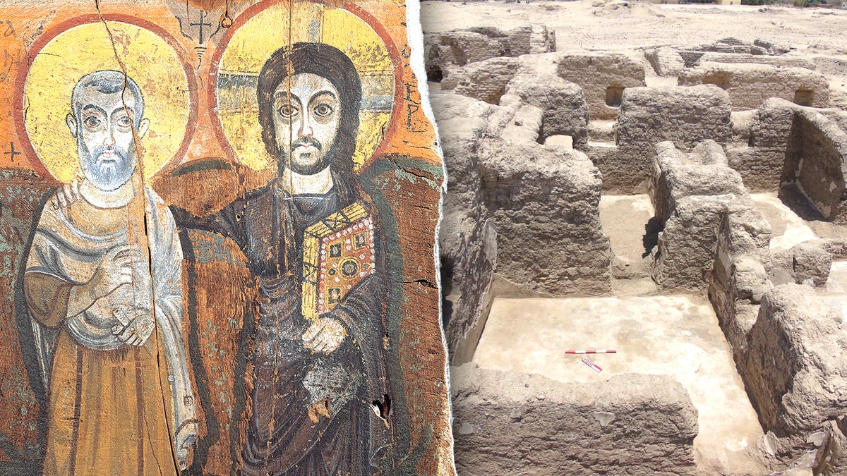 Split image of Byzantine monk, remnants of church
