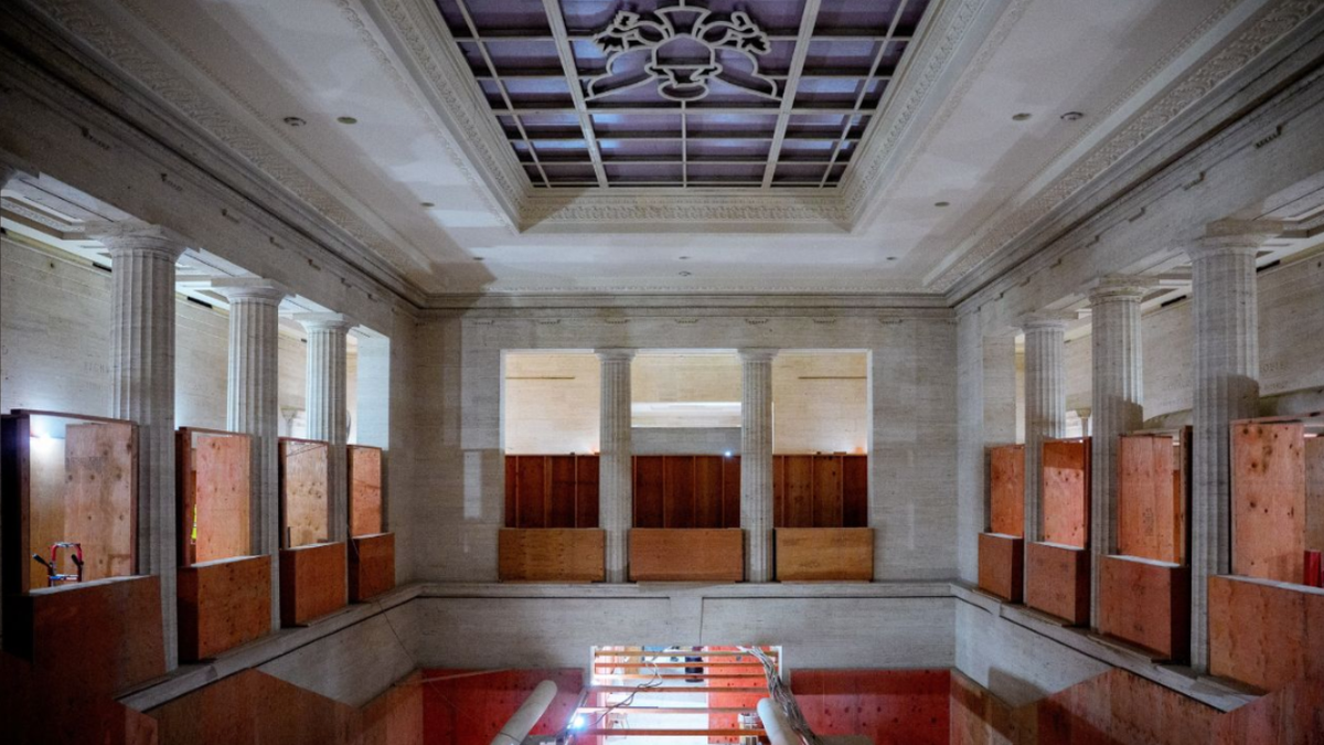 The atrium of the Federal Reserve building under construction.