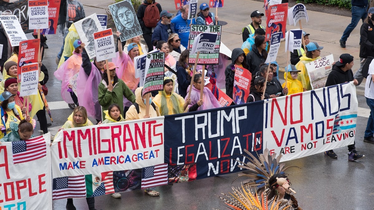 Thousands of people gather in Union Park, Chicago, to participate in a rally to demonstration opposition to certain Trump Administration policies, including on labor and immigration, in May 2025. (Photo by Jacek Boczarski/Anadolu via Getty Images)