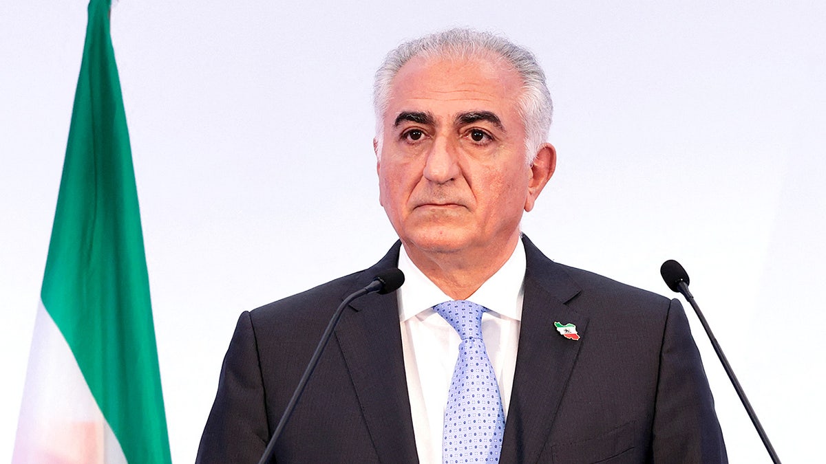 Reza Pahlavi speaks at a podium during a press conference while addressing reporters.