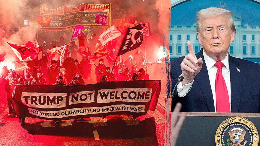 American flags torched, riot police clash with protesters ahead of Trump Davos arrival