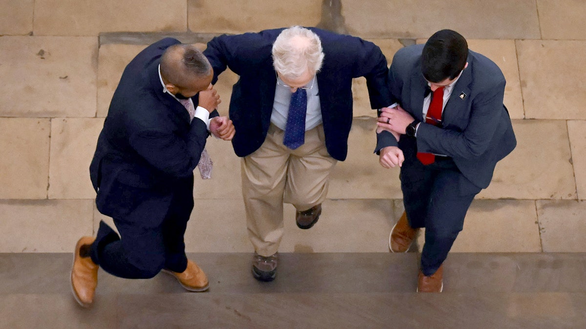 US Senator Mitch McConnell is helped up steps