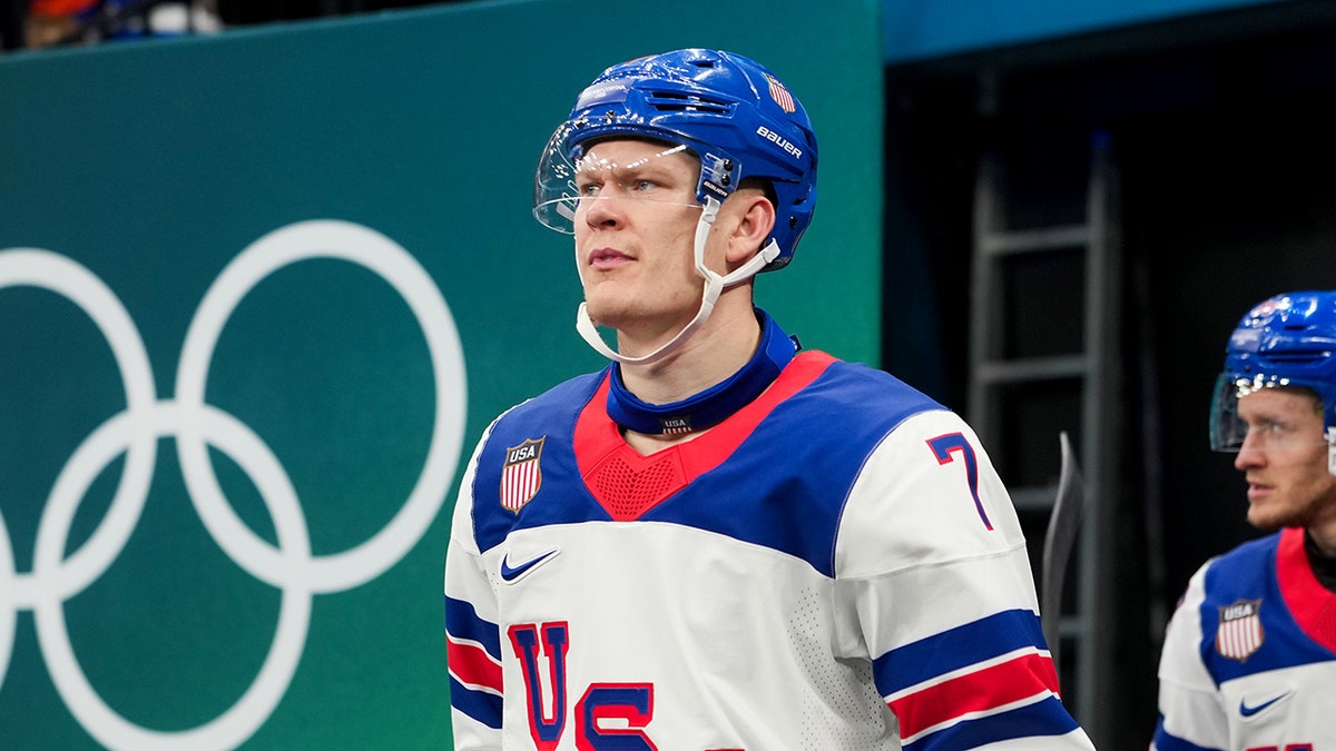 Brady Tkachuk looks on