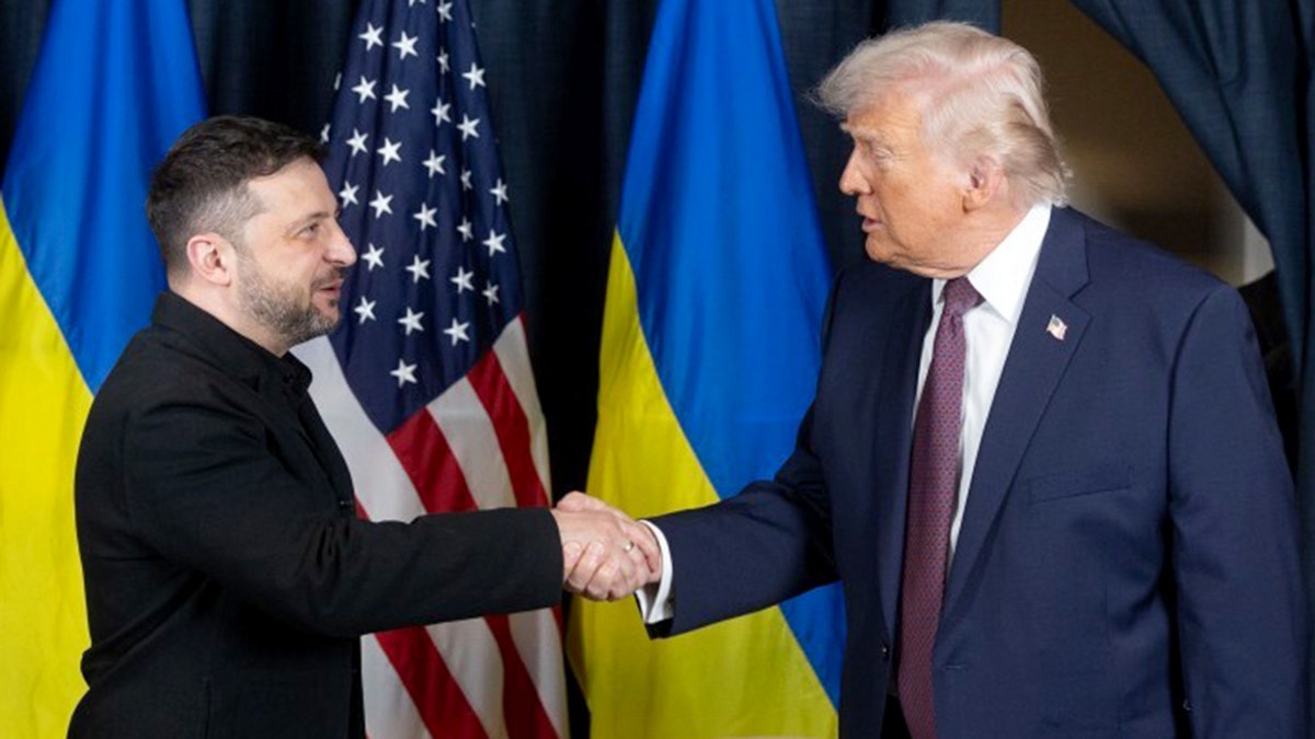 Ukrainian President Zelenskyy shakes hands with U.S. President Donald Trump