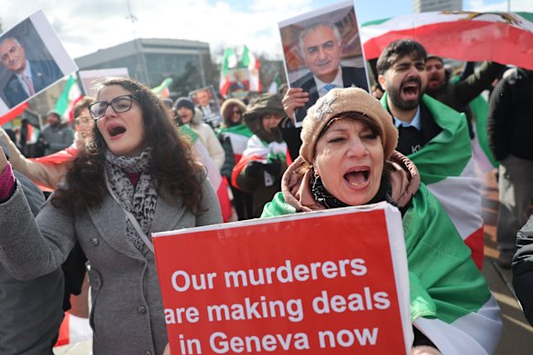Anti-regime protesters rally in Geneva as talks over Iran’s nuclear program are held with US envoys.