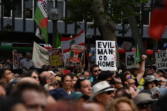 Police blocked some protesters at Monday’s gathering near Town Hall in Sydney.