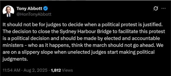 Former prime minister Tony Abbott’s post on social media following the decision about the pro-Palestine Sydney Harbour Bridge march.