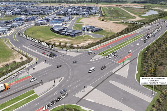 Transport for NSW plans for the upgrade of Richmond Road at Charles Thomson Boulevard with homes in Marsden Park in the background.