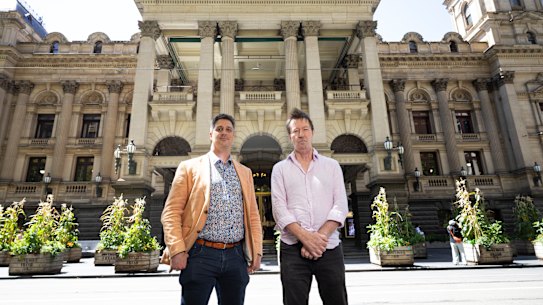 City of Port Phillip Mayor Alex Makin and City of Yarra Mayor Stephen Jolly pose outside Melbourne Town Hall.