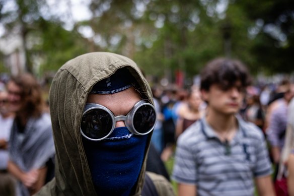 Some protesters have donned goggles after pepper spray was used at Monday’s protest.
