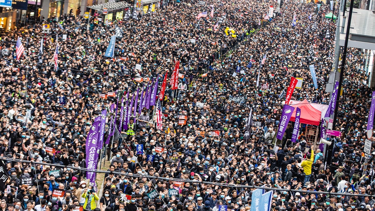 Protesters marching on a city street while holding banners and signs.
