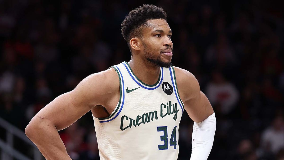 Giannis Antetokounmpo reacts during a game