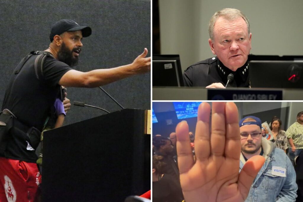 LAPD meeting again descends into chaos as slur-slinging protestors shout down top commissioner