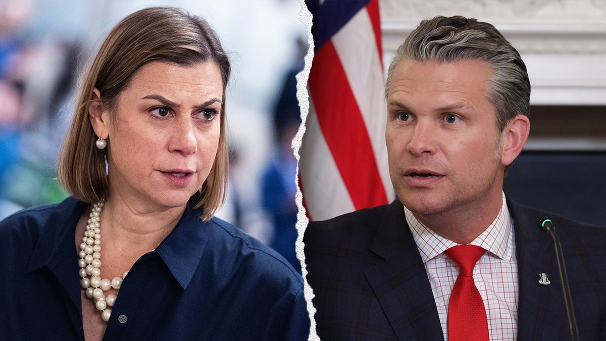 Composite image showing file photos of Senator Slotkin and War Secretary Pete Hegseth
