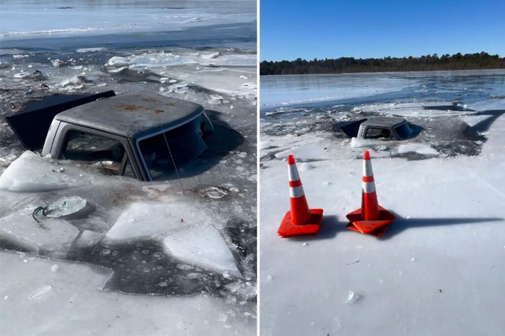 Bonehead NJ driver’s stunt gone wrong sends pickup sinking through frozen lake