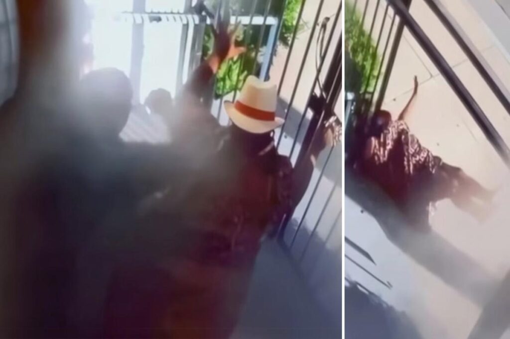 Shocking moment pastor pushes elderly woman down cement steps outside LA church Shocking moment pastor pushes elderly woman down cement steps outside LA church