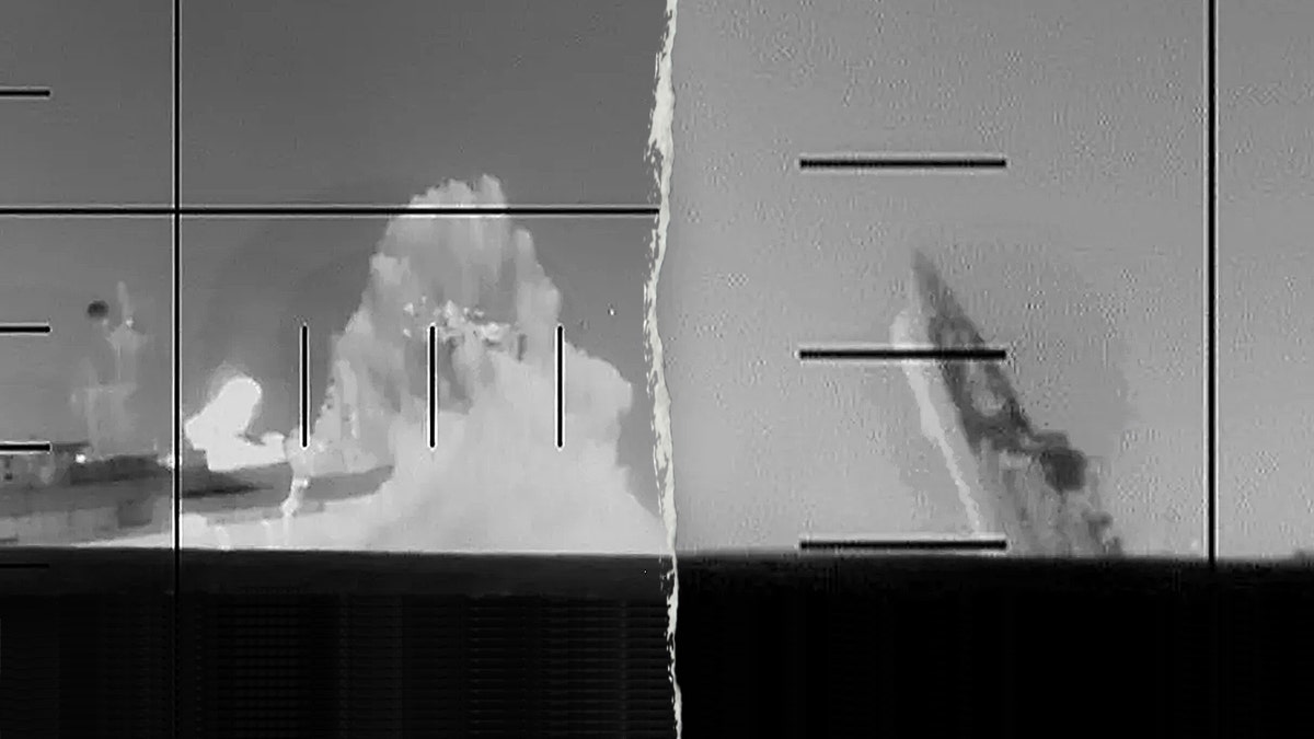 Split image of US torpedo slamming into Iranian warship