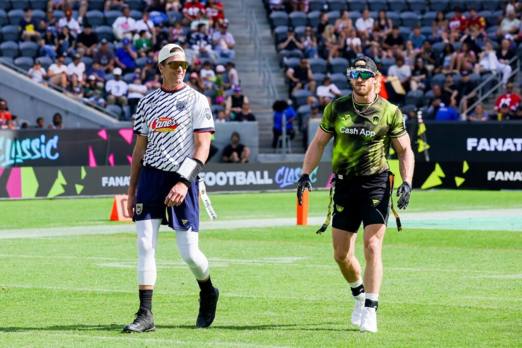 Fans React as Tom Brady, Logan Paul Get Chippy at Flag Football Classic Fans React as Tom Brady, Logan Paul Get Chippy at Flag Football Classic