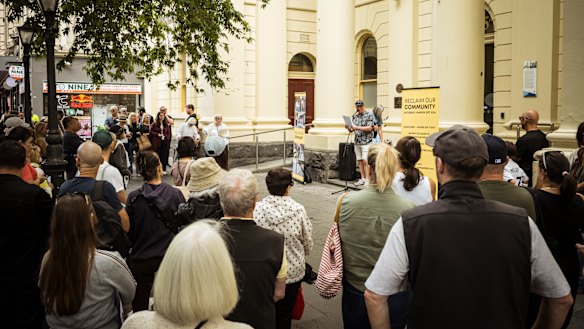 Gary Mann addressed Stonnington residents about issues facing their community outside Prahran Town Hall. 