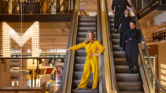 Jo Horgan, founder of Mecca, with staff as she prepares to open the new flagship store in Bourke Street, Melbourne. 