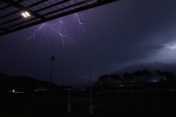 Four Pines Park in darkness during a blackout as a storm passes over the northern beaches ahead of the round four NRL match between Manly Sea Eagles and Sydney Roosters.