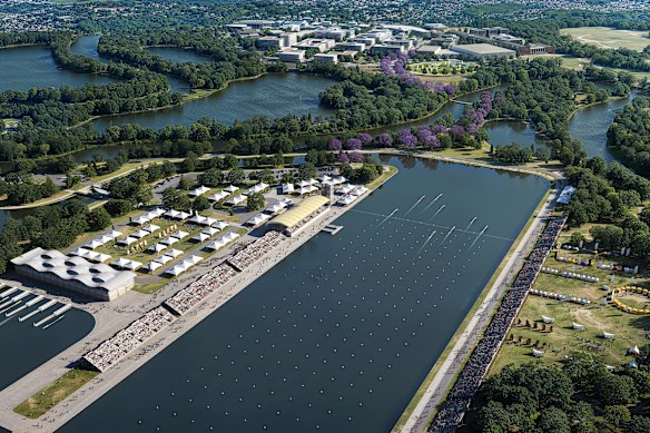 The proposed flatwater centre at Lawnton, with the Moreton Bay Indoor Sports Centre in the background.