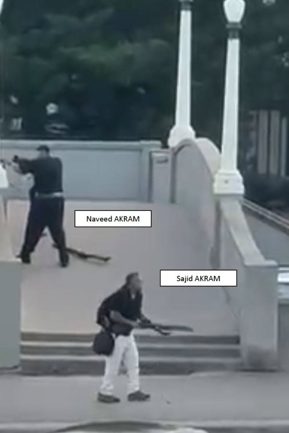 A court tendered photo showing Sajid Akram and allegedly Naveed Akram, armed with three firearms and shooting towards the crowd at Archer Park, Bondi Beach on December 14, 2025.