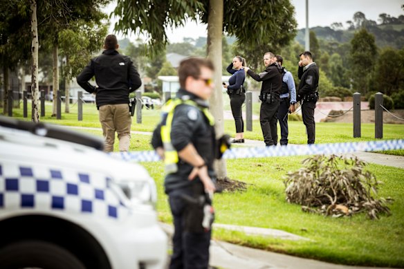 Police search parkland at Aston Fields in Craigieburn after a daylight shooting on Thursday. 