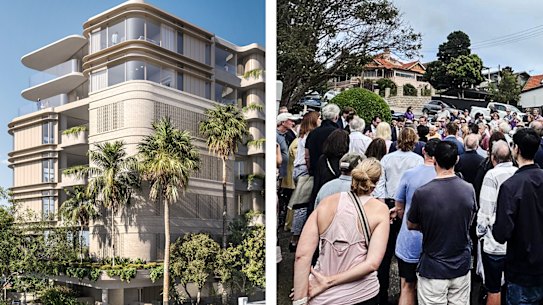 The Mosman development, and the crowd objecting to it.