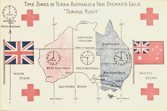 Tempus Fugit, or Time Flies: A 1907 postcard of time zones in Australia.