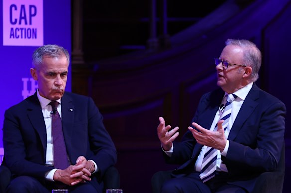 Prime Minister Anthony Albanese with Canada PM Mark Carney at the Global Progress Action Summit in London in September. 