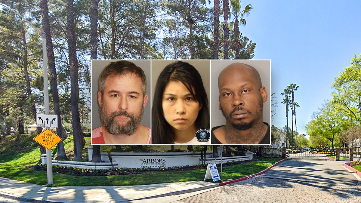 James Petri, Ignacia Perkins and Kenneth Maxwell mugshots over Murrieta apartment complex