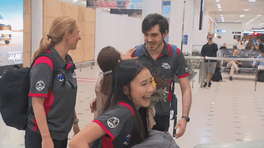 A rotating GIF of images from the return of passengers on the first commercial flight from the Middle East to Australia after US-Israel strikes on Iran.